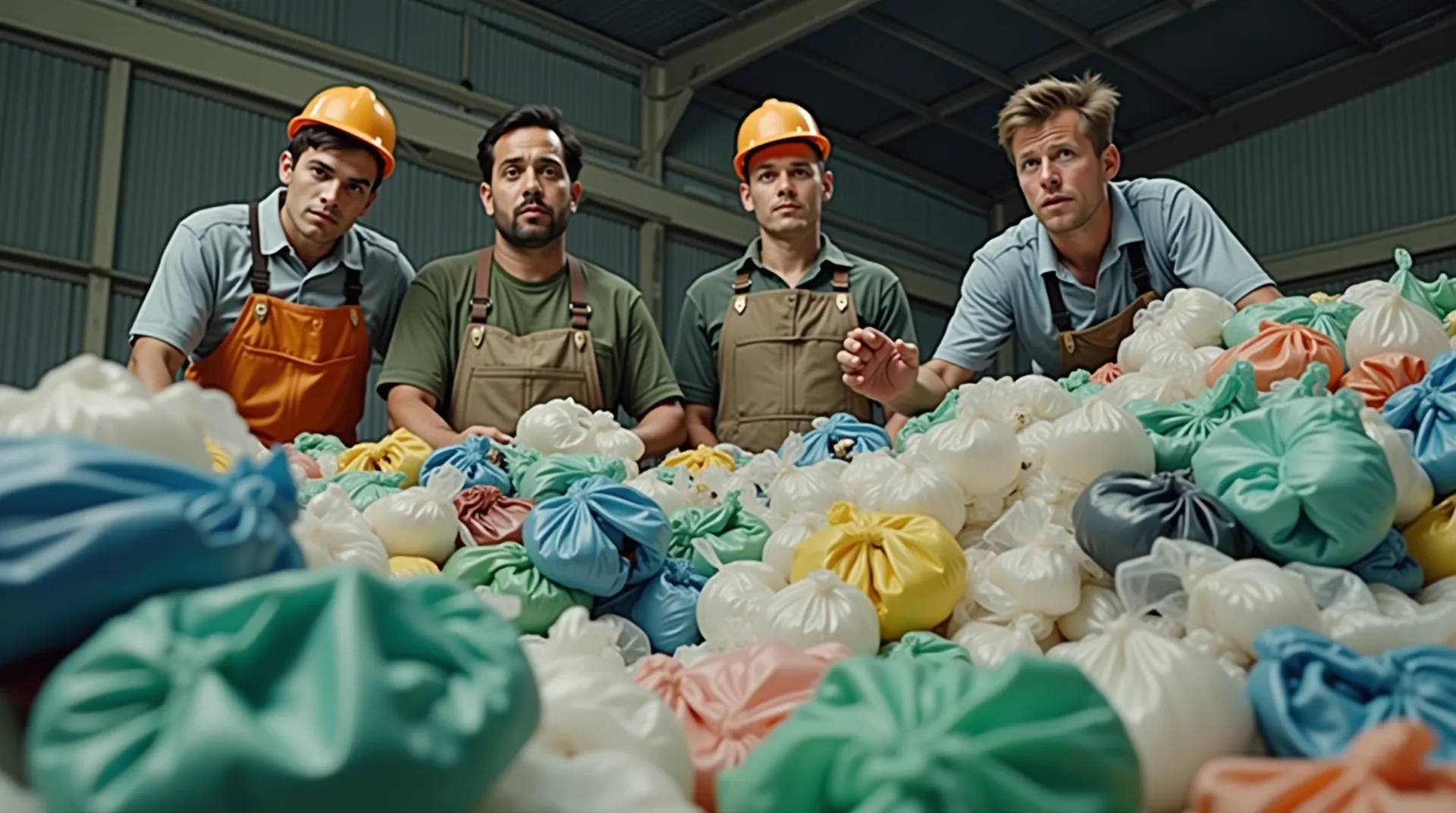 Four workers examining colorful bags in warehouse